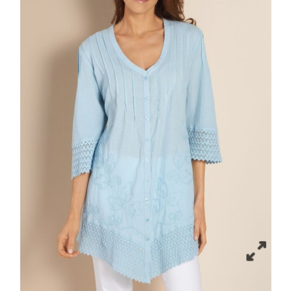 Soft Surroundings Blue Pintuck Tunic with Crochet